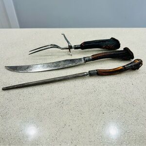 VTG~3 Pc. Carving Set~Stag Handles~Goodell Co. Antrim, NH~Knife, Fork, Sharping